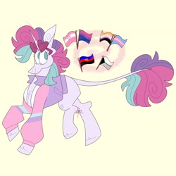 Size: 4096x4096 | Tagged: safe, artist:fizzlefer, oc, oc only, oc:plain sailing, pony, unicorn, bisexual pride flag, chest fluff, closed mouth, clothes, demiromantic pride flag, glasses, heart shaped glasses, horn, jacket, leonine tail, nonbinary, nonbinary pride flag, polyamory pride flag, pride, pride flag, sapphic pride flag, simple background, smiling, solo, sunglasses, sunglasses on head, tail, teal eyes, transgender pride flag, unicorn oc, varsity jacket