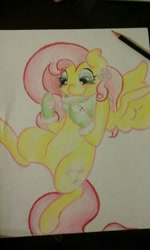 Size: 767x1280 | Tagged: safe, artist:fluttersdoodles, fluttershy, pegasus, pony, g4, clothes, female, folded wings, mittens, scarf, smiling, solo, traditional art, wings