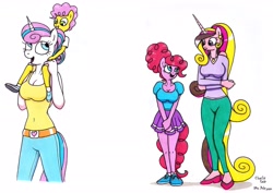Size: 3487x2472 | Tagged: safe, artist:killerteddybear94, li'l cheese, pinkie pie, princess cadance, princess flurry heart, anthro, g4, the last problem, breasts, busty pinkie pie, busty princess cadance, busty princess flurry heart, cleavage, clothes, high res, looking at each other, miniskirt, older, older flurry heart, older pinkie pie, older princess cadance, pants, shoulder ride, skirt, smiling, tank top