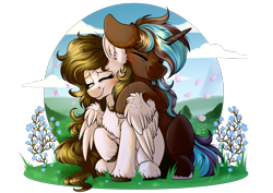 Size: 4093x2894 | Tagged: safe, artist:julunis14, derpibooru exclusive, oc, oc only, oc:magic barrier, oc:tail, pegasus, pony, unicorn, blushing, commission, couple, cute, digital, female, flower, forget-me-not (flower), hug, hug from behind, male, meadow, petals, shipping, straight, unshorn fetlocks