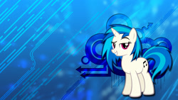 Size: 1920x1080 | Tagged: safe, artist:moongazeponies, artist:toruviel, edit, dj pon-3, vinyl scratch, pony, unicorn, g4, abstract background, arrow, circle, eyebrows, female, looking at you, mare, raised eyebrow, smiling, smiling at you, solo, wallpaper, wallpaper edit