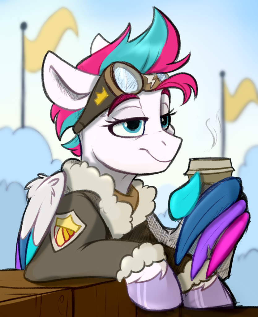 [aviator,clothes,coffee,female,g5,goggles,jacket,mare,pegasus,pilot,pony,safe,solo,wing hands,wings,smiling,artist:rutkotka,zipp storm]