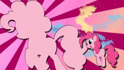 Size: 1920x1080 | Tagged: safe, artist:abadcookie, artist:koeper, artist:toruviel, edit, pinkie pie, earth pony, pony, g4, female, happy, jumping, mare, open mouth, open smile, paint splatter, silhouette, smiling, solo, sunburst background, wallpaper, wallpaper edit