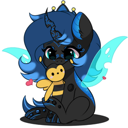 Size: 1080x1080 | Tagged: safe, artist:yomechka, oc, oc only, oc:sinari, bee, changeling, changeling queen, insect, animated, blue changeling, cute, facial markings, gif, happy, plushie, simple background, solo, tail, tail wag, transparent wings, wings