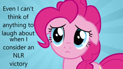 Size: 1280x720 | Tagged: safe, edit, edited screencap, screencap, pinkie pie, earth pony, pony, derpibooru, g4, putting your hoof down, season 2, blue background, blue eyes, caption, downvote bait, ears back, female, floppy ears, image macro, mare, meta, new lunar republic, op is a duck, pink coat, pink fur, pink hair, pink mane, pink pony, pinkie sad, sad, simple background, solo, sunburst background, text