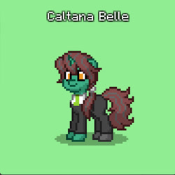 Size: 835x832 | Tagged: safe, oc, oc only, oc:caltana belle, pony, unicorn, clothes, crystal curtain: world aflame, green background, horn, necktie, ponytail, simple background, solo, unicorn oc