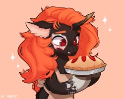 Size: 2500x2000 | Tagged: safe, artist:shelti, oc, oc only, pony, unicorn, apron, bust, clothes, colored pupils, curved horn, ear fluff, female, food, happy, high res, hoof hold, horn, mare, mottled coat, open mouth, peach background, pie, simple background, solo