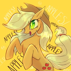 Size: 2048x2048 | Tagged: safe, artist:qwennondeathdie, applejack, earth pony, pony, g4, apple, applejack's hat, cowboy hat, female, hat, high res, mare, open mouth, signature, simple background, solo, text, that pony sure does love apples, yellow background