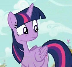 Size: 419x387 | Tagged: safe, screencap, twilight sparkle, alicorn, pony, fame and misfortune, g4, season 7, animated, blinking, cropped, female, folded wings, food, food fight, frown, gif, ice cream, mare, solo, teeth, twilight sparkle (alicorn), twilight sparkle is not amused, unamused, wings