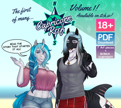 Size: 3326x2948 | Tagged: safe, artist:askbubblelee, artist:blackblood-queen, oc, oc only, oc:bubble lee, oc:mako, orca, orca pony, original species, unicorn, anthro, adorasexy, advertisement in description, anthro oc, beach, belly button, big breasts, braid, breasts, choker, countershading, cute, female, freckles, high res, holding hands, jewelry, logo, looking at you, makolee, male, midriff, necklace, oc x oc, ocean, reaching, scar, sexy, shipping, speech bubble, straight, swimming trunks, swimsuit, text, water