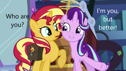 Size: 1280x720 | Tagged: safe, edit, edited screencap, editor:andwhatiseeisme, screencap, starlight glimmer, sunset shimmer, pony, unicorn, equestria girls, equestria girls specials, g4, my little pony equestria girls: mirror magic, black text, caption, exclamation point, female, horn, image macro, mare, question mark, raised hoof, text, white text