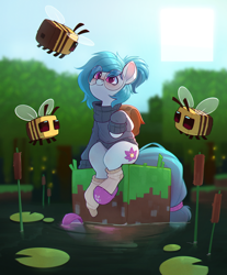 Size: 1916x2309 | Tagged: safe, artist:rexyseven, oc, oc only, oc:whispy slippers, bee, earth pony, insect, pony, clothes, glasses, high res, lilypad, minecraft, minecraft bee, pond, slippers, socks, solo, sweater, water