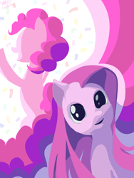 Size: 1500x2000 | Tagged: safe, artist:saltycube, pinkie pie, earth pony, pony, g4, abstract, abstract background, confetti, female, mare, pinkamena diane pie, smiling