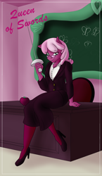 Size: 1100x1900 | Tagged: safe, artist:sixes&sevens, cheerilee, earth pony, anthro, g4, apple, chalkboard, clothes, desk, explicit source, female, food, glasses, high heels, leggings, minor arcana, multiple variants, queen of swords, rapier, shoes, sitting, skirt, solo, sword, tarot card, weapon
