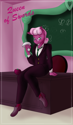 Size: 1100x1900 | Tagged: safe, alternate version, artist:sixes&sevens, cheerilee, earth pony, anthro, g4, apple, chalkboard, clothes, desk, explicit source, food, jubilance, male, minor arcana, multiple variants, necktie, queen of swords, rapier, rule 63, shoes, sitting, solo, suit, sword, tarot card, weapon