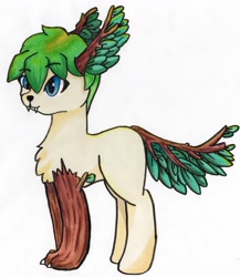 Size: 3765x4343 | Tagged: safe, artist:morrigun, derpibooru exclusive, oc, oc only, oc:daisy_green, original species, pony, timber pony, timber wolf, claws, eyes open, fangs, female, green mane, leaves, mare, marker drawing, simple background, solo, traditional art, white background