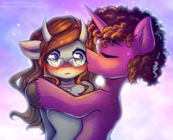 Size: 4338x3508 | Tagged: safe, artist:chaosangeldesu, oc, oc only, oc:jimmy chap, oc:raven eve'hart, pony, unicorn, blushing, commission, couple, cute, glasses, holiday, hug, ravenchap, valentine's day