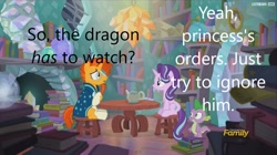 Size: 1024x574 | Tagged: safe, edit, edited screencap, screencap, spike, starlight glimmer, sunburst, dragon, pony, unicorn, g4, the crystalling, caption, discovery family, discovery family logo, female, image macro, implied sex, implied voyeurism, logo, male, ship:starburst, shipping, stallion, straight, text