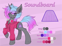 Size: 6000x4500 | Tagged: safe, artist:shad0w-galaxy, oc, oc only, oc:soundboard, pony, unicorn, absurd resolution, clothes, color palette, commission, cutie mark, ear fluff, female, gradient mane, headphones, hoodie, hooves, looking at you, mare, open mouth, reference sheet, simple background, smiling, unshorn fetlocks, watermark