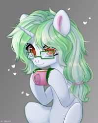 Size: 2000x2500 | Tagged: safe, artist:shelti, oc, oc only, pony, unicorn, colored pupils, commission, drink, female, food, glasses, gray background, hair tie, heart, high res, hoof hold, horn, looking at you, mare, mug, simple background, sitting, smiling, solo, tea, unshorn fetlocks