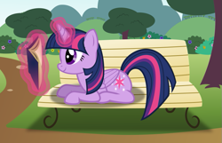 Size: 906x585 | Tagged: safe, artist:mattbas, twilight sparkle, alicorn, pony, g4, bench, book, female, glowing, glowing horn, horn, levitation, lying down, magic, mare, prone, reading, smiling, solo, svg, telekinesis, twilight sparkle (alicorn), vector