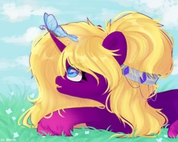 Size: 2500x2000 | Tagged: safe, artist:shelti, oc, oc only, butterfly, pony, unicorn, cloud, colored pupils, day, female, gradient hooves, hairband, high res, horn, looking up, lying down, mare, open mouth, outdoors, prone, sky, solo, unshorn fetlocks