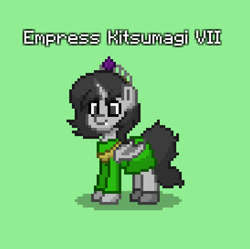 Size: 820x816 | Tagged: safe, oc, oc only, oc:empress kitsumagi vii, alicorn, bat pony, bat pony alicorn, pony, bat wings, clothes, crown, crystal curtain: world aflame, dress, green background, horn, japan, jewelry, neighpon, regalia, simple background, solo, wings