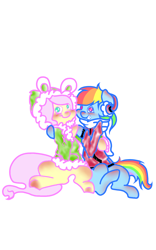 Size: 800x1280 | Tagged: safe, artist:fluttersdoodles, fluttershy, rainbow dash, pegasus, pony, g4, blushing, clothes, duo, eyes closed, female, hoodie, lesbian, ship:flutterdash, shipping, simple background, sitting, white background