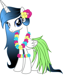 Size: 3952x4686 | Tagged: safe, artist:elsia-pony, oc, oc only, oc:hula tialia, alicorn, pony, alicorn oc, clothes, female, flower, grass skirt, hawaiian flower in hair, horn, hula, lei, simple background, skirt, solo, transparent background, wings