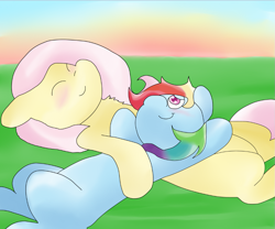 Size: 1113x928 | Tagged: safe, artist:fluttersdoodles, fluttershy, rainbow dash, pegasus, pony, g4, blushing, duo, eyes closed, female, lesbian, nap, ship:flutterdash, shipping, snuggling