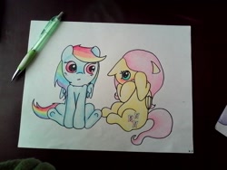 Size: 1280x960 | Tagged: safe, artist:fluttersdoodles, fluttershy, rainbow dash, pegasus, pony, g4, blushing, duo, eye contact, female, lesbian, looking at each other, looking at someone, pencil drawing, ship:flutterdash, shipping, shy, sitting, traditional art
