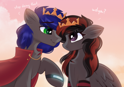 Size: 3508x2480 | Tagged: safe, artist:janelearts, oc, oc:mb midnight breeze, oc:se solar eclipse, pegasus, pony, adorable face, black and red mane, cape, clothes, couple, crown, cute, female, high res, jewelry, king and queen, love, male, mare, pegasus oc, playful, regalia, stallion, true love, watch, wristwatch