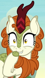 Size: 613x1053 | Tagged: safe, screencap, autumn blaze, kirin, g4, season 8, sounds of silence, biting, cloven hooves, cropped, female, hoof biting, smiling, solo