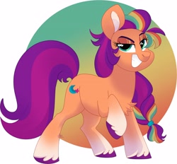 Size: 3860x3585 | Tagged: safe, artist:fizzlefer, sunny starscout, earth pony, pony, g5, coat markings, confident, female, gradient background, grin, high res, looking at you, mane stripe sunny, mare, raised hoof, smiling, smiling at you, socks (coat markings), solo, unshorn fetlocks