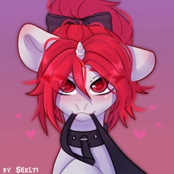 Size: 1000x1000 | Tagged: safe, artist:shelti, oc, oc only, pony, unicorn, blushing, bow, bust, collar, colored pupils, commission, female, gradient background, heart, horn, leash, looking at you, mare, mouth hold, offscreen character, pov, sitting