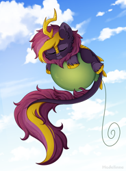 Size: 3200x4343 | Tagged: safe, artist:madelinne, oc, oc only, kirin, balloon, cloud, commission, kirin oc, leonine tail, sleeping, solo, tail