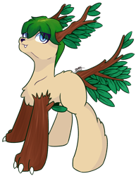 Size: 1868x2424 | Tagged: safe, artist:morrigun, derpibooru exclusive, oc, oc only, oc:daisy_green, original species, pony, timber pony, timber wolf, claws, digital art, eyes open, fangs, female, leaves, looking up, mare, paws, signature, simple background, solo, transparent background