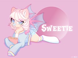 Size: 2700x2000 | Tagged: safe, artist:shelti, oc, oc only, oc:sweetie, bat pony, pony, bat wings, bowl, clothes, colored pupils, eating, female, food, high res, jacket, looking at you, lying down, mare, prone, socks, solo, spread wings, unshorn fetlocks, varsity jacket, wings