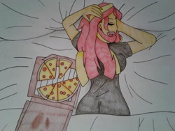 Size: 2048x1536 | Tagged: safe, artist:c_w, sunset shimmer, human, equestria girls, g4, female, food, pizza, sleeping, solo, traditional art