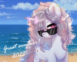 Size: 2500x2000 | Tagged: safe, artist:shelti, oc, oc only, pony, unicorn, beach, cloud, colored pupils, day, glowing, glowing horn, high res, horn, lidded eyes, looking at you, ocean, outdoors, sky, smiling, smirk, solo, standing, sunglasses, text, water