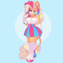 Size: 3400x3400 | Tagged: safe, artist:fizzlefer, oc, oc only, unicorn, anthro, unguligrade anthro, clothes, gradient background, high res, shirt, skirt, solo