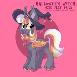 Size: 4096x4096 | Tagged: safe, artist:fizzlefer, oc, oc only, alicorn, bat pony, bat pony alicorn, pony, adoptable, bat wings, gradient background, hat, horn, solo, wings, witch hat