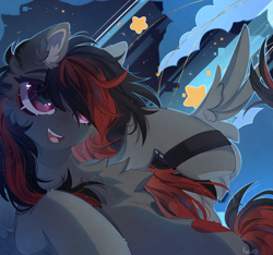 Size: 3203x3000 | Tagged: safe, artist:kefirro7, oc, oc only, oc:se solar eclipse, pegasus, pony, black and red mane, chest fluff, cute, female, flying, high res, mare, night, night sky, pegasus oc, shooting star, sky, smiling, solo, spread wings, watch, wings, wristwatch
