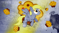 Size: 1920x1080 | Tagged: safe, artist:sierraex, artist:sir-szengelot, edit, derpy hooves, pegasus, pony, g4, female, flying, food, grunge, happy, mare, muffin, paint splatter, smiling, solo, wallpaper, wallpaper edit