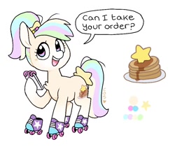 Size: 800x680 | Tagged: safe, artist:fizzlefer, oc, oc only, earth pony, pony, food, pancakes, reference sheet, roller skates, simple background, skates, solo, speech bubble, white background