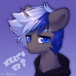 Size: 1000x1000 | Tagged: safe, artist:shelti, oc, oc only, pony, unicorn, bust, clothes, colored pupils, commission, dialogue, gradient background, hoodie, horn, looking at you, male, sitting, smiling, solo, stallion, text