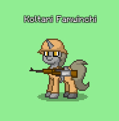 Size: 820x833 | Tagged: safe, oc, oc only, oc:caltana formosa, oc:koltani famwinchi, pony, unicorn, bolt-action rifle, clothes, crystal curtain: world aflame, green background, gun, horn, military, neighpon, rifle, simple background, solo, type 99 arisaka, unicorn oc, weapon