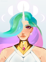 Size: 2111x2836 | Tagged: safe, artist:0ponchik0, princess celestia, human, g4, bust, digital painting, female, hair over one eye, high res, horn, horned humanization, humanized, lunar phases, portrait, simple background, solo, white background