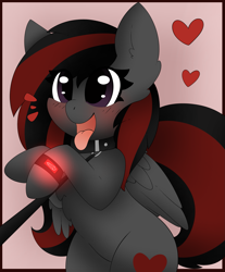 Size: 2489x3000 | Tagged: safe, artist:pegamutt, oc, oc only, oc:se solar eclipse, pegasus, pony, behaving like a dog, black and red mane, collar, floating heart, heart, high res, leash, pegasus oc, pet play, puppy dog eyes, simple background, solo, watch, wristwatch