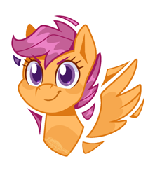 Size: 812x919 | Tagged: safe, artist:imaplatypus, scootaloo, pegasus, pony, g4, bust, female, filly, foal, portrait, signature, simple background, smiling, solo, spread wings, white background, wings